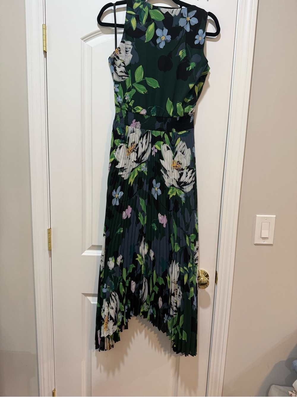 White House Black Market Forest Green Floral Asymmetrical Pleated Dress